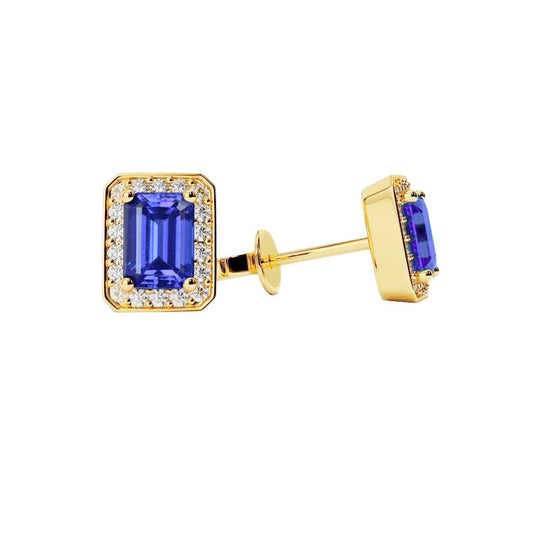 Ceylon Sapphire And Diamonds 4.20 Ct.Prong Set Studs Halo Earrings - Gemstone Earring-harrychadent.ca