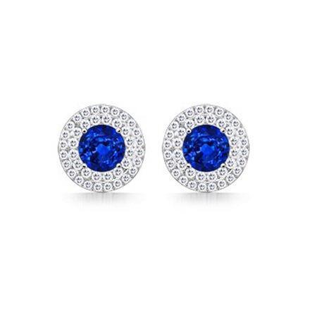 Ceylon Sapphire And Diamonds 4 Ct Studs Earring 14K White Gold - Gemstone Earring-harrychadent.ca