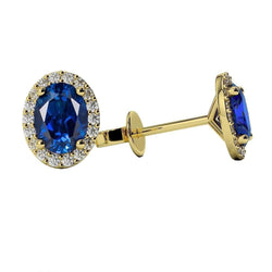 Ceylon Sapphire Halo Diamond Stud Earring 4.80 Carat Yellow Gold 14K