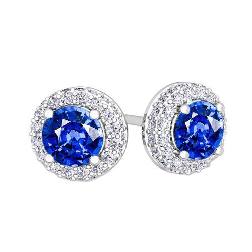 Ceylon Sapphire Halo Diamond Stud Earrings 4.70 Carat White Gold 14K - Gemstone Earring-harrychadent.ca