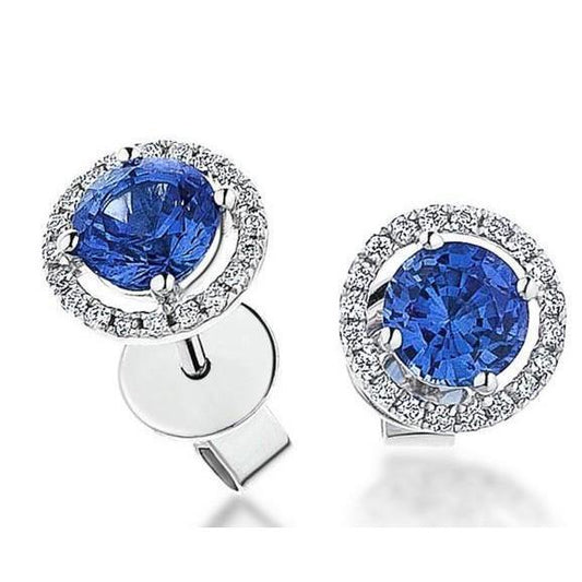 Ceylon Sapphire & Halo Diamond Women Stud Earring 4.40 Ct. White Gold 14K - Gemstone Earring-harrychadent.ca