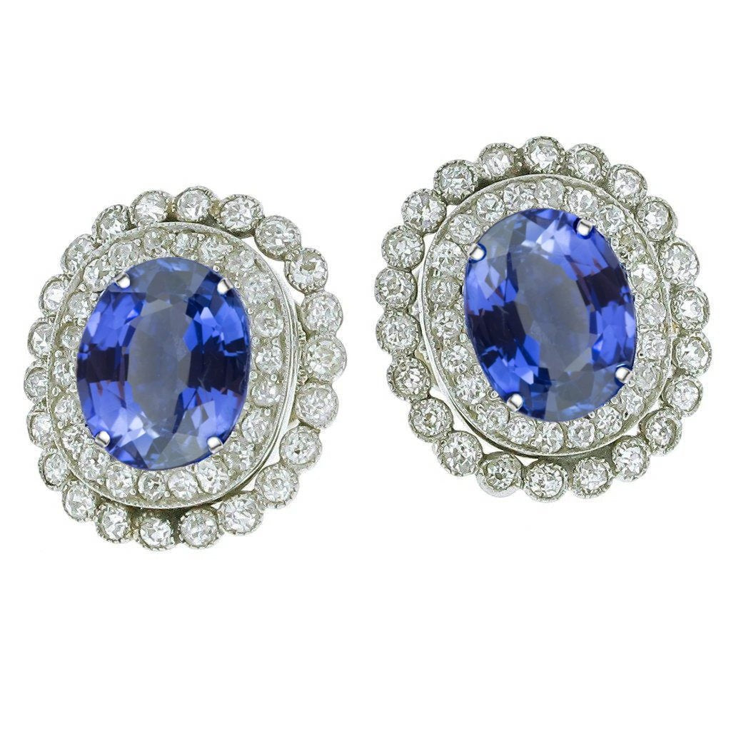 Ceylon Sapphire Round Oval Diamond Halo Stud Earrings 5.50 Ct. WG 14K - Gemstone Earring-harrychadent.ca