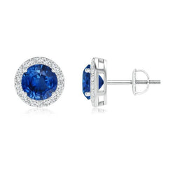 Ceylon Sapphire Stud Earring Round Diamond 4.10 Carats White Gold 14K