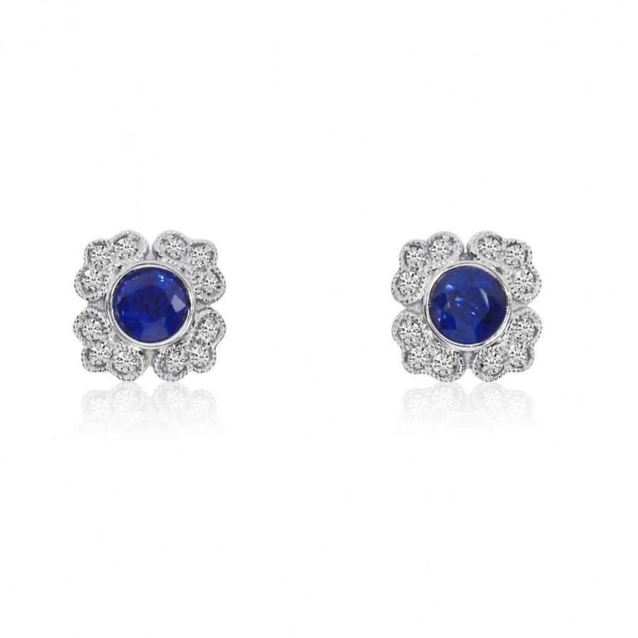 Ceylon Sapphire With Halo Diamond Stud Earring 3.20 Ct White Gold 14K - Gemstone Earring-harrychadent.ca