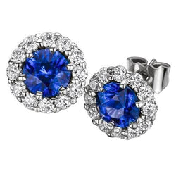 Ceylon Sapphire With Round Diamond Halo Stud Earrings 6 Ct. WG 14K