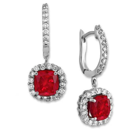 Cushion Ruby Diamond 5 Carats Dangle Earrings White Gold 14K - Gemstone Earring-harrychadent.ca