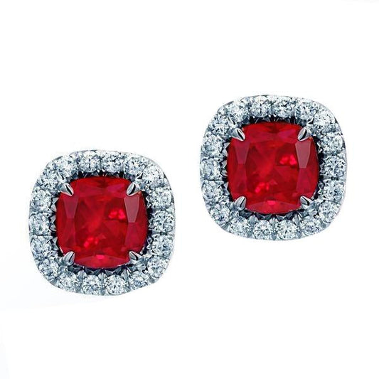 Cushion Ruby With Diamonds 7.50 Ct Studs Earrings White Gold 14K - Gemstone Earring-harrychadent.ca