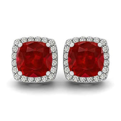 Cushion Ruby With Natural Earth Mined Diamonds 8.40 Carats Studs Earrings Halo Gold 14K