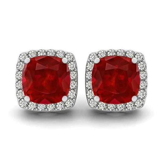 Cushion Ruby With Diamonds 8.40 Carats Studs Earrings Halo Gold 14K - Gemstone Earring-harrychadent.ca