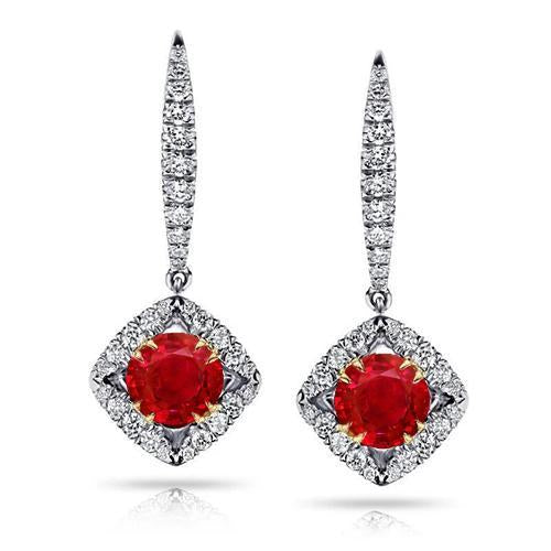 Dangle Diamonds Two Tone Gold 14K Ruby Earrings New 4.20 Carats - Gemstone Earring-harrychadent.ca