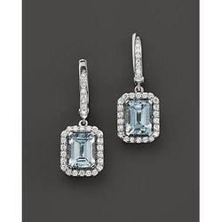 Emerald Cut Aquamarine And Natural Earth Mined Diamonds 5 Ct. Dangle Earrings