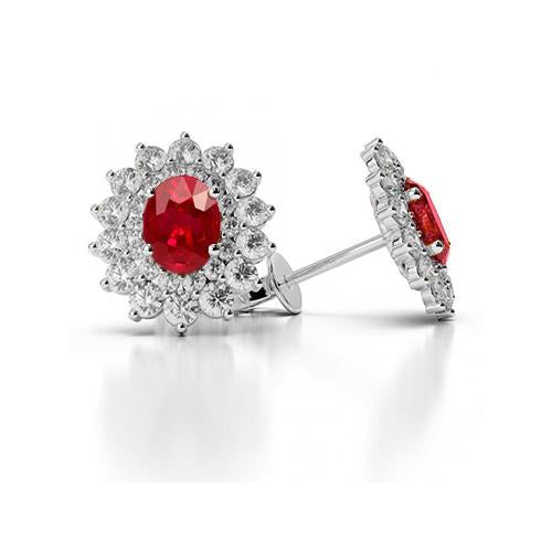 Flower Style 6 Ct Red Ruby With Diamonds Studs Earrings White Gold - Gemstone Earring-harrychadent.ca