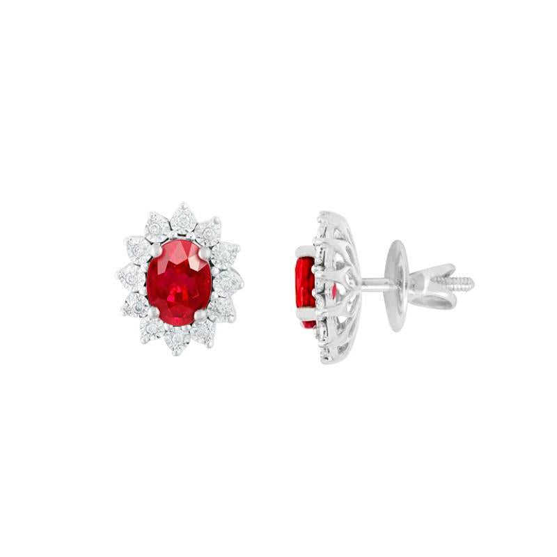 Flower Style Studs Earrings 5 Ct Ruby And Diamonds White Gold 14K - Gemstone Earring-harrychadent.ca