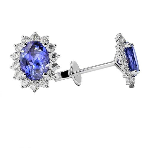 Flower Style Studs Earrings 6.40 Carats Tanzanite Diamonds Gold 14K - Gemstone Earring-harrychadent.ca