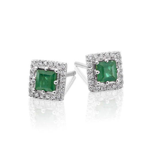 Green Emerald And Diamond White Gold Halo Studs Earrings 6 Carats - Gemstone Earring-harrychadent.ca