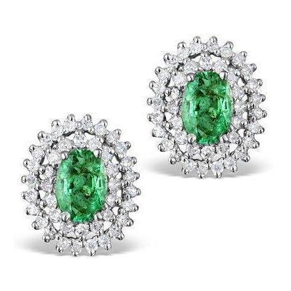 Green Emerald With Diamonds Studs Earrings White Gold 14K 3.80 Ct - Gemstone Earring-harrychadent.ca