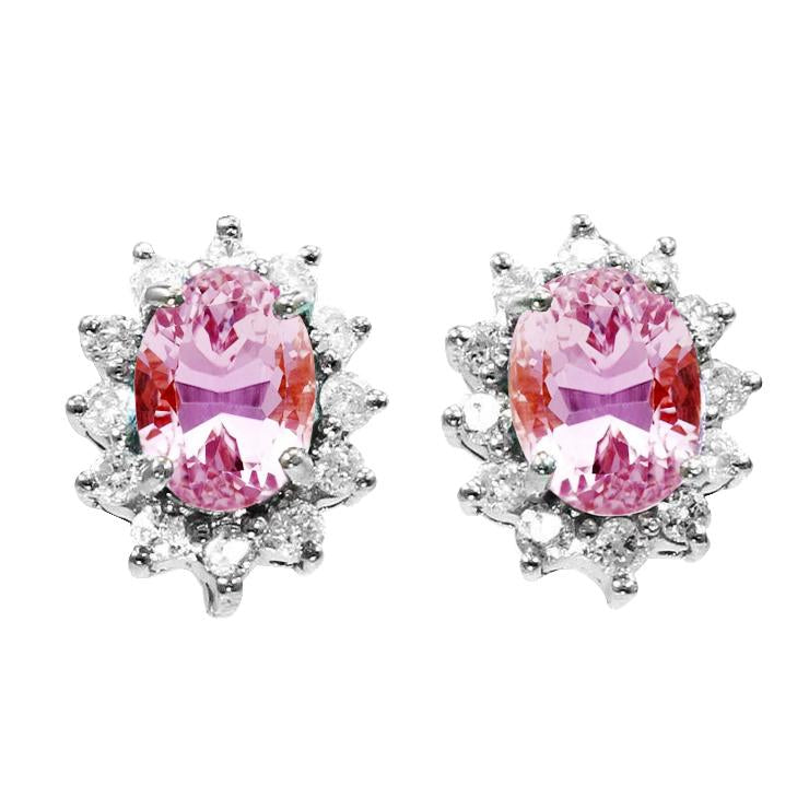 Halo Oval Cut 12 Carats Pink Kunzite & Round Diamond Stud Earrings - Gemstone Earring-harrychadent.ca