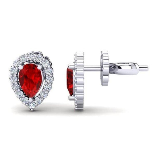 Halo Red Ruby With Diamond Ladies Stud Earring 3.50 Ct.White Gold 14K - Gemstone Earring-harrychadent.ca