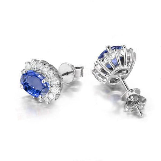 Halo Studs Earrings 14K White 4.10 Carats Sapphire And Diamonds New - Gemstone Earring-harrychadent.ca