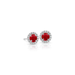 Halo Studs Earrings Gold White Round Cut 3.80 Ct. Ruby With Diamonds