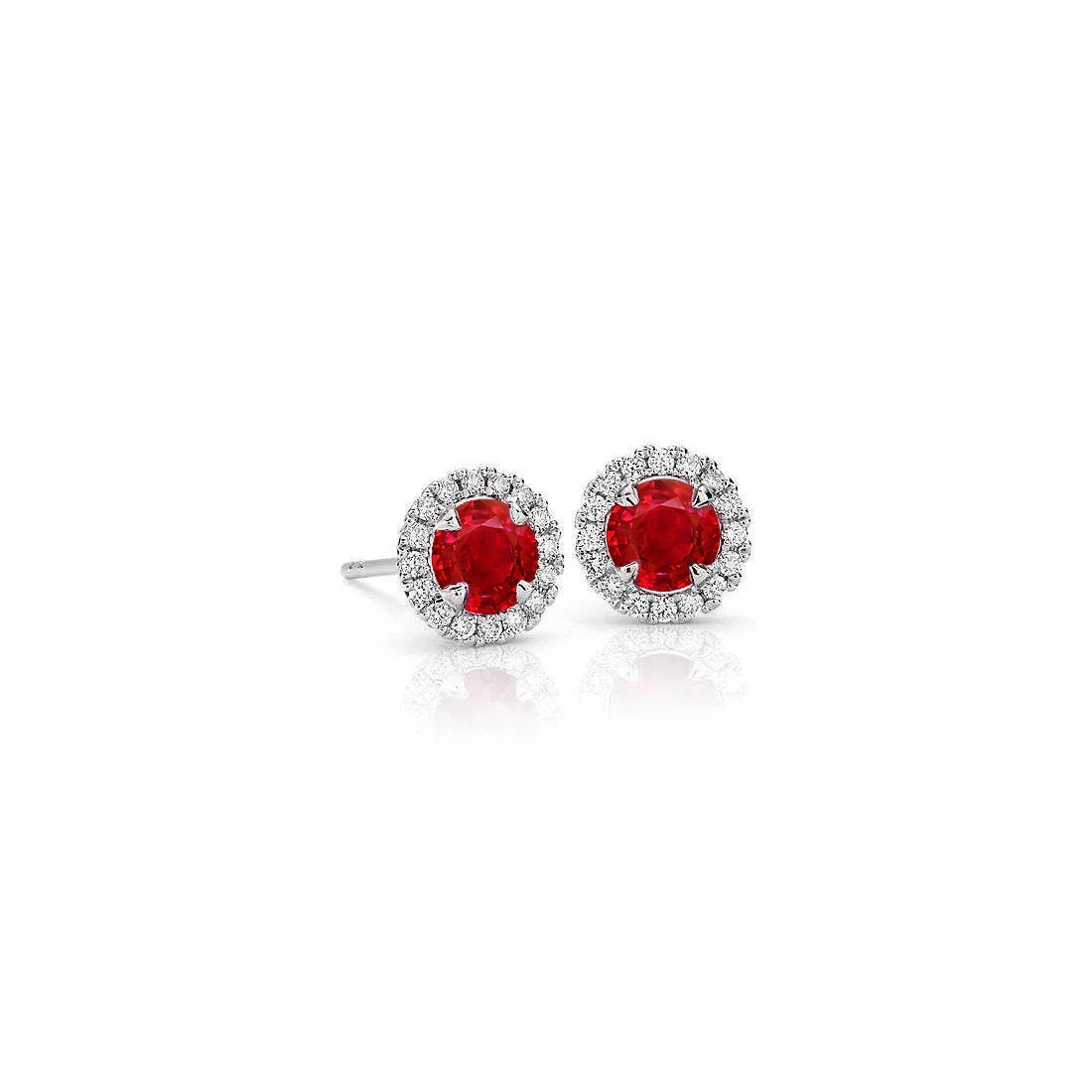 Halo Studs Earrings Gold White Round Cut 3.80 Ct. Ruby With Diamonds - Gemstone Earring-harrychadent.ca
