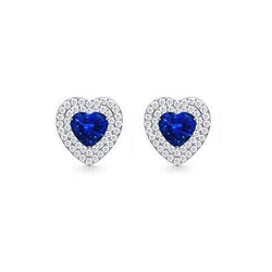 Heart Ceylon Sapphire Round Natural Earth Mined Diamonds 3 Ct Studs Earring White Gold 14K
