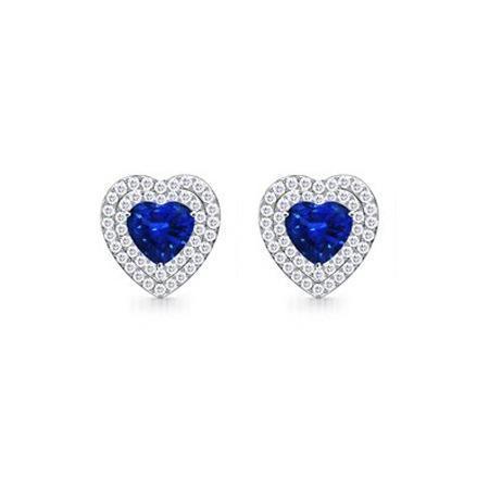 Heart Ceylon Sapphire Round Diamonds 3 Ct Studs Earring White Gold 14K - Gemstone Earring-harrychadent.ca