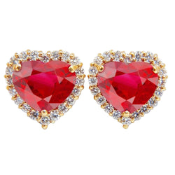 Heart Cut Ruby And Natural Earth Mined Diamond Stud Earring 7.40 Carats Yellow Gold 14K