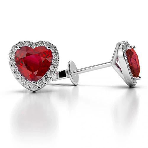 Heart Ruby & Halo Diamond Stud Earrings 4.80 Carat White Gold 14K - Gemstone Earring-harrychadent.ca