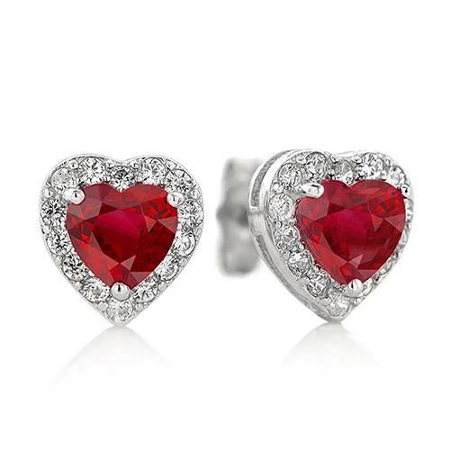 Heart Ruby With Diamonds Halo Stud Earrings 6 Carat White Gold 14K - Gemstone Earring-harrychadent.ca