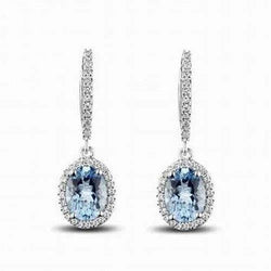 Ladies Dangle Earrings 5.09 Ct Aquamarine And Natural Earth Mined Diamonds 14K White Gold