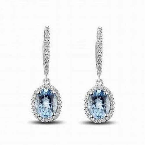 Ladies Dangle Earrings 5.09 Ct Aquamarine And Diamonds 14K White Gold - Gemstone Earring-harrychadent.ca