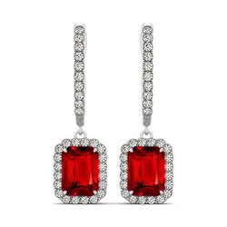 Ladies Dangle Earrings 9 Ct Red Ruby With Natural Earth Mined Diamonds White Gold