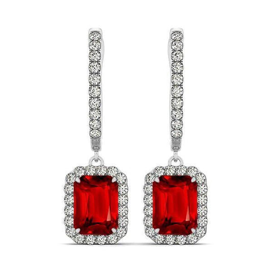 Ladies Dangle Earrings 9 Ct Red Ruby With Diamonds White Gold - Gemstone Earring-harrychadent.ca