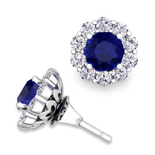 Ladies Studs Earring 6 Carats Sapphire And Diamonds Gold White 14K - Gemstone Earring-harrychadent.ca