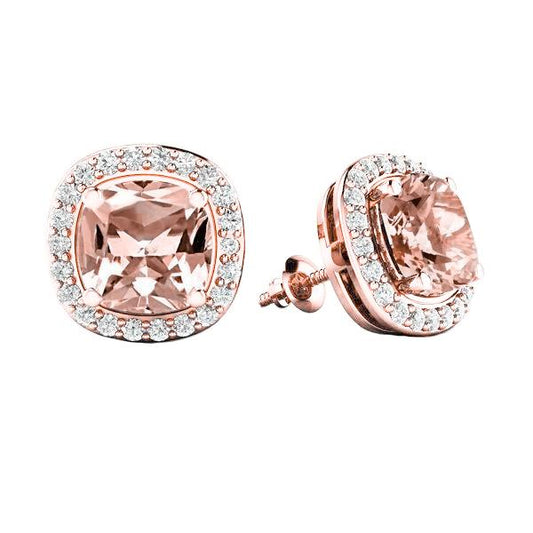 Morganite With Diamonds 12.70 Carats Studs Earrings Rose Gold 14K - Gemstone Earring-harrychadent.ca