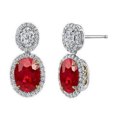 Oval And Round Ruby With Natural Earth Mined Diamonds 14 Ct. Studs Earrings Gold 14K