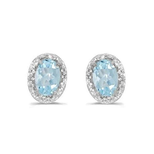 Oval Aquamarine With Diamonds 6 Ct Studs Earrings White Gold 14K - Gemstone Earring-harrychadent.ca