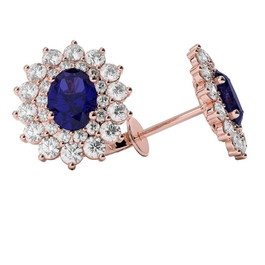 Oval Blue Sapphire Halo Diamond Stud Earrings 11 Carats Rose Gold 14K - Gemstone Earring-harrychadent.ca