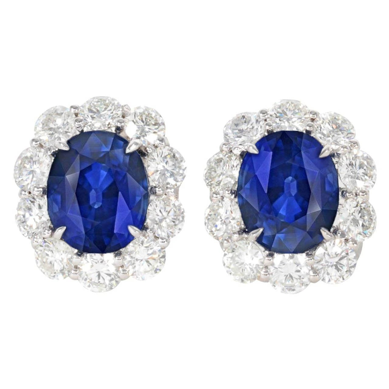 Oval Ceylon Sapphire And Round Cut 6 Carats Diamonds Studs Earrings - Gemstone Earring-harrychadent.ca