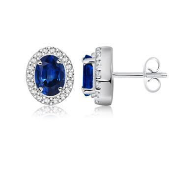 Oval Ceylon Sapphire Halo Diamond Stud Earring White Gold 14K 2.40 Ct. - Gemstone Earring-harrychadent.ca