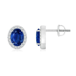 Oval Ceylon Sapphire With Diamonds 3.20 Ct Lady Studs Halo Earring