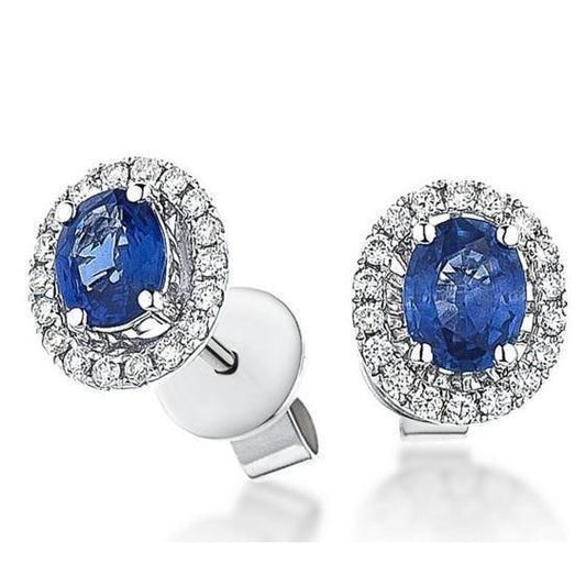 Oval Cut Ceylon Blue Sapphire Halo Diamond Stud Earring 3.36 Ct WG 14K - Gemstone Earring-harrychadent.ca