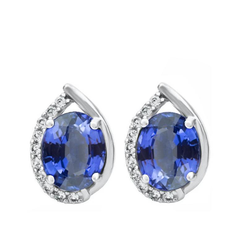 Oval Cut Ceylon Sapphire & Halo Diamond Stud Earrings 3.20 Carat WG 14K - Gemstone Earring-harrychadent.ca