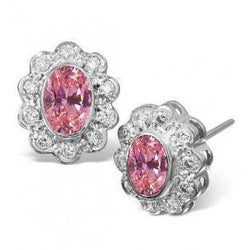 Oval Cut Pink Sapphire And Natural Earth Mined Diamond Stud Earring White Gold 14K 3 Ct