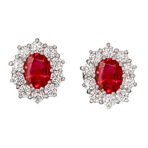 Oval Cut Red Ruby With Round Diamond Stud Halo Earring Gold 3.50 Ct - Gemstone Earring-harrychadent.ca