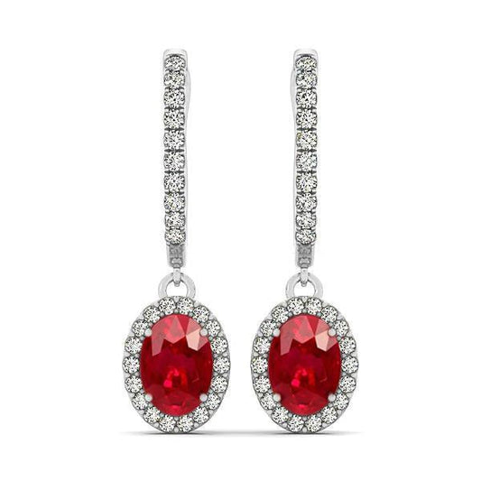 Oval Cut Ruby With Round Diamonds 7.50 Ct Dangle Earrings Gold 14K - Gemstone Earring-harrychadent.ca