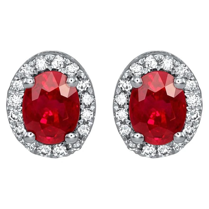 Oval Ruby And Diamonds 6 Carats Lady Studs Earrings 14K Gold - Gemstone Earring-harrychadent.ca