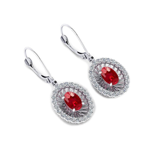 Oval Ruby And Round Diamonds 4 Carats Dangle Earrings White Gold 14K - Gemstone Earring-harrychadent.ca