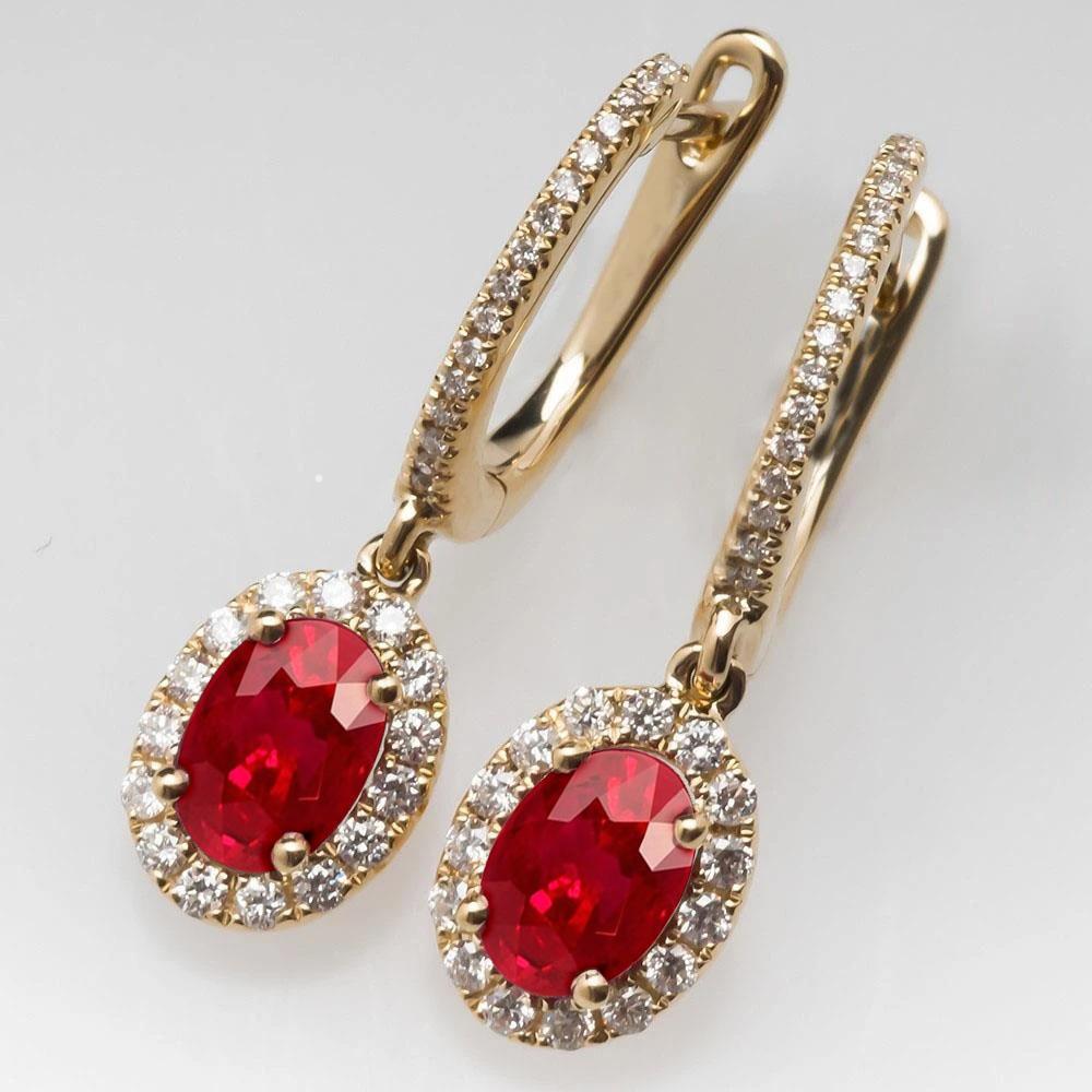 Oval Ruby & Round Diamond 9.50 Carats Dangle Earrings Yellow Gold 14K - Gemstone Earring-harrychadent.ca